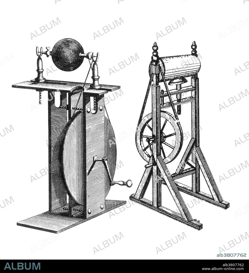 Franklin's electrostatic machine is a high voltage static electricity generating device that was used by Benjamin Franklin for research in the 18th century. Experiments from it eventually lead to the invention of the lightning rod and new theories about electricity. An electrostatic generator, or electrostatic machine, is an electromechanical generator that produces static electricity, or electricity at high voltage and low continuous current. The knowledge of static electricity dates back to the earliest civilizations, but for millennia it remained a mystifying phenomenon often confused with magnetism. By the end of the 17th Century, researchers had developed practical means of generating electricity by friction, but the development of electrostatic machines did not begin in earnest until the 18th century, when they became fundamental instruments in the studies about the new science of electricity. No artist credited.