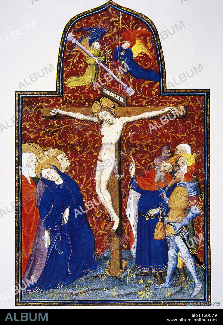 Jesuchrist crucified and two angels, one of them carrying a Jesuchrist crucified and two angels, one of them carrying a