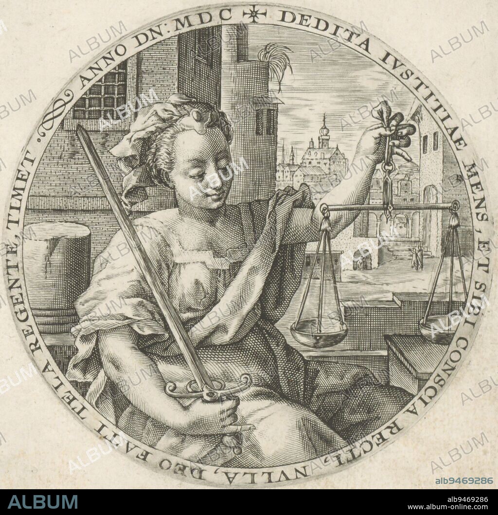 The female personification of Justice Justitia, one of the four cardinal virtues In her hands the sword and scales, symbols of power and impartiality respectively Print from a series featuring theological virtues, Justice Theological virtues Virtutu Theologicaru , print maker: Crispijn van de Passe (I), Cologne, 1600, paper, engraving, d 98 mm.