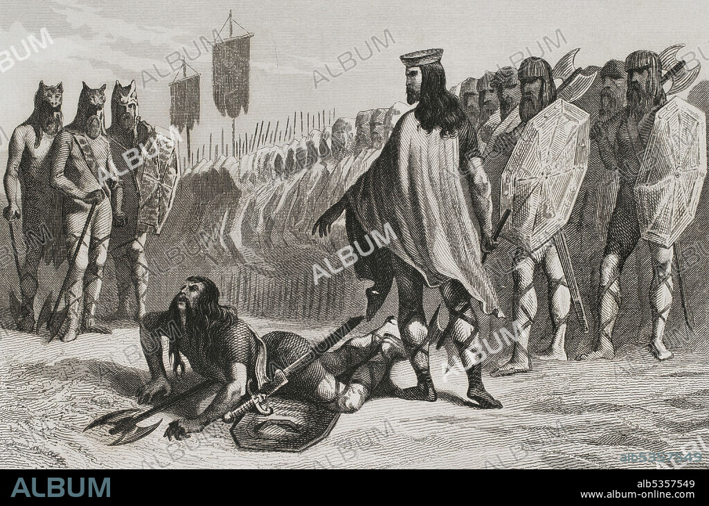 Historia Antigua. Siglo II a.C. Conquista romana de la Península Ibérica. La justicia de Viriato. Así perezcan los esclavos de los romanos. Grabado. Las Glorias Nacionales. Tomo I, edición Madrid-Barcelona, 1852.