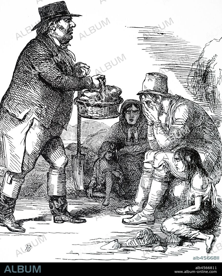A cartoon commenting on the Irish Potato Famine. England, epitomised by John Bull, taking bread to the starving Irish peasants. The potatoes on which the Irish country people depended, had been destroyed by potato blight (Phytophthora Infestans), a fungal infection spread by aphids. The infection remained in the soil which meant the staple diet could not be grown. Dated 19th century.