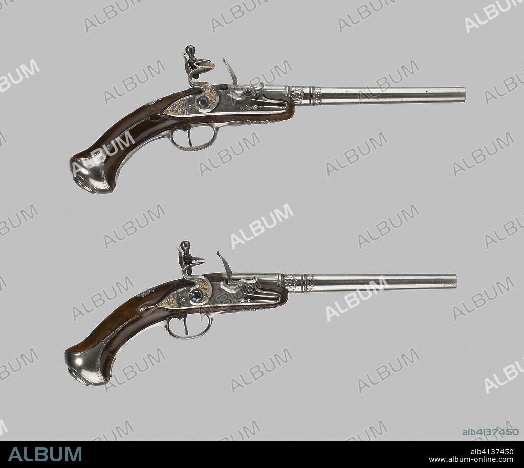 Flintlock Turn-Off Holster Pistol (One of a Pair). Barrel Smith: Domenico Bonomino; (Italian, about 1635-c. 1700); Gunsmith: Johann Casimir Tanner; (German, 1691- 1764); Barrel: Brescia; lock and stock: Sonderhausen. Date: 1680-1690. Dimensions: Overall L. 39.3 cm (15 1/2 in.) 
Barrel L. 23.8 cm (9 3/8 in.) 
Wt. 1 lb. 14 oz.
Caliber .48. Steel, gilding, lead, flint, walnut. Origin: Germany.
