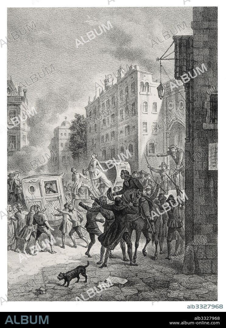 Historia de España. Motín de Aranjuez, levantamiento popular del 17 al 19 de marzo de 1808 a causa de la política de Manuel Godoy, secretario de estado de Carlos IV. Grabado de 1880.