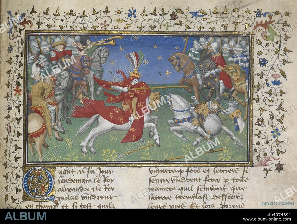 PSEUDO-CALLISTHENES. Alexander the Great unhorses Porrus. La Vraye Histoire du Bon Roy Alixandre (The Alexander Romance in Old French prose). France; early 15th century. Source: Royal 20 B. XX, f.53. Language: French.