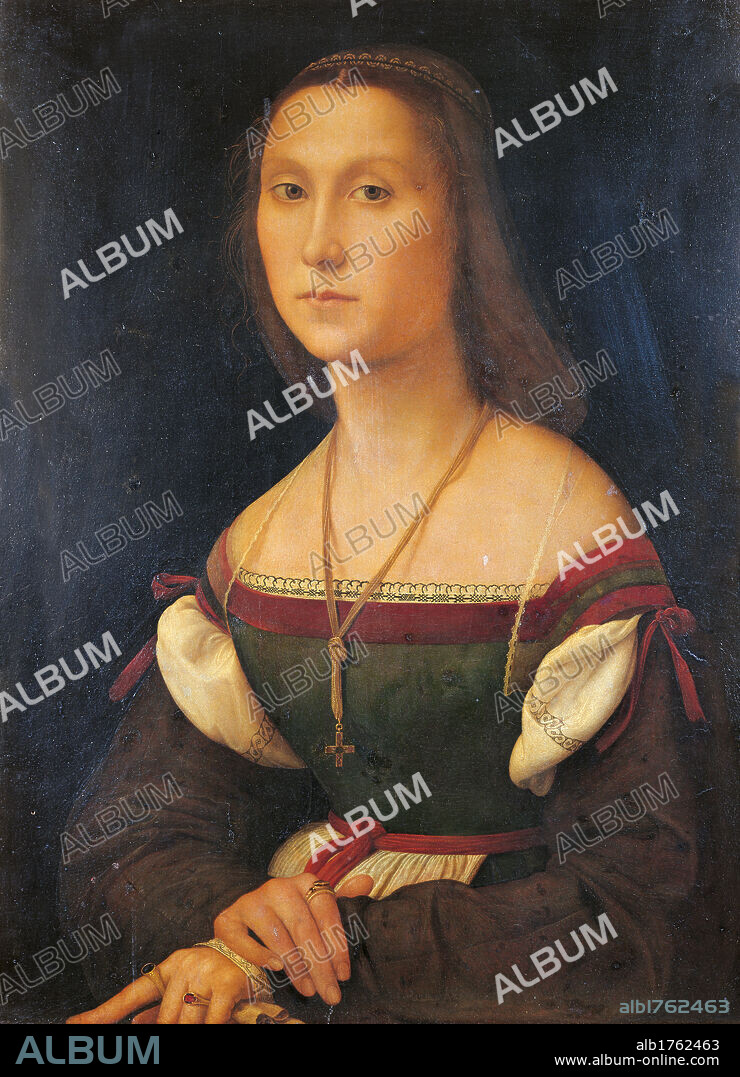 Portrait of a Woman (La Muta), by Raffaello Sanzio, 1507, 16th Century, oil on panel, cm 64 x 48. Italy, Marche, Pesaro Urbino, Urbino, Marche National Gallery. The name of the gentlewoman, portrayed by Raphael, is unknown. Up to the present the most accredited hypothesis identifies it with Giovanna Feltria della Rovere, sister of Guidobaldo di Montefeltro and wife of Giovanni of the Rovere. All. Portrait woman long hair cross lace tie neckline puffs dress green ribbons red rings mute face background black. Authorization required for non editorial use.