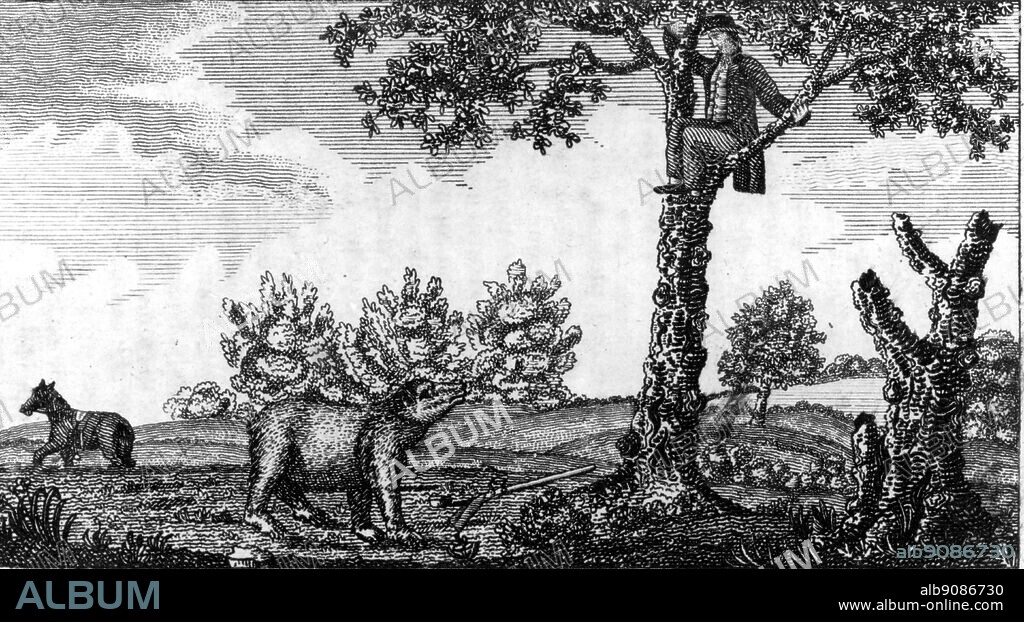 An American having struck a bear, but not killed him, escapes into a tree. 1812, by Patrick Gass (1771-1870), who served as Sergeant in the Lewis and Clark Expedition. From a Journal of the Voyages and Travels of Captain Lewis and Clark, page 239.