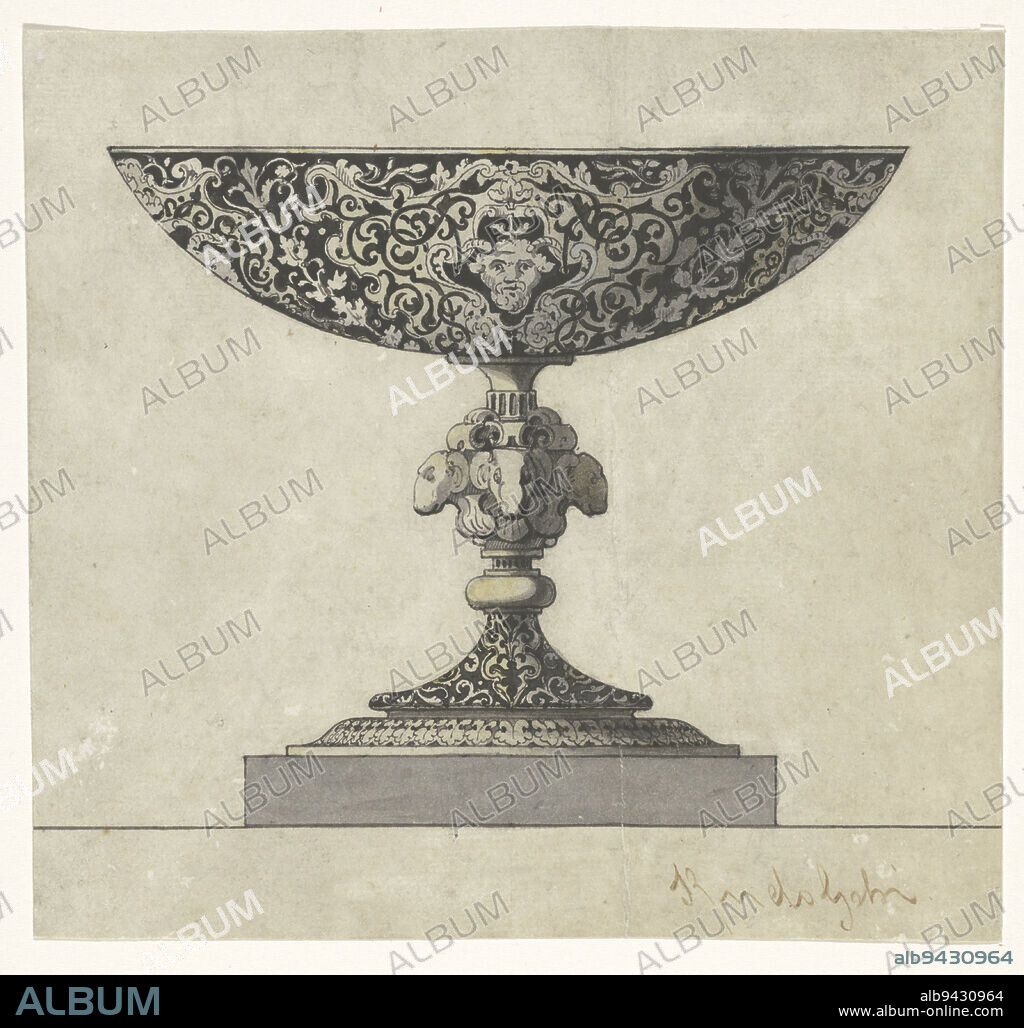 Design for an enamelled coupe with a nodus decorated with rams heads, draughtsman: Frédéric-Jules Rudolphi, (signed by artist), Paris, c. 1850 - c. 1870, paper, pen, brush, h 151 mm × w 162 mm.