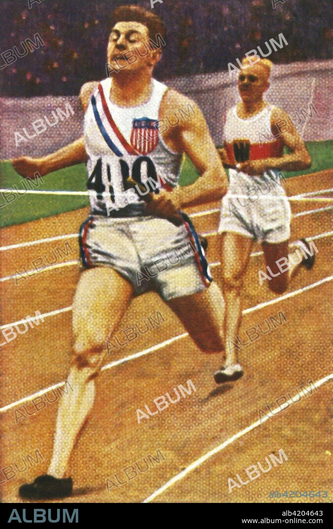 Ray Barbuti and Hermann Engelhard, 4 x 400m relay, 1928. Ray Barbuti of the USA won gold medal, and Hermann Engelhard of Germany won bronze at the 1928 Summer Olympics, held in Amsterdam. From "Die Welt in Bildern", (The World in Pictures), cigarette card album, c1928. [Georg A Jasmatzi, A.-G., Dresden, Germany].