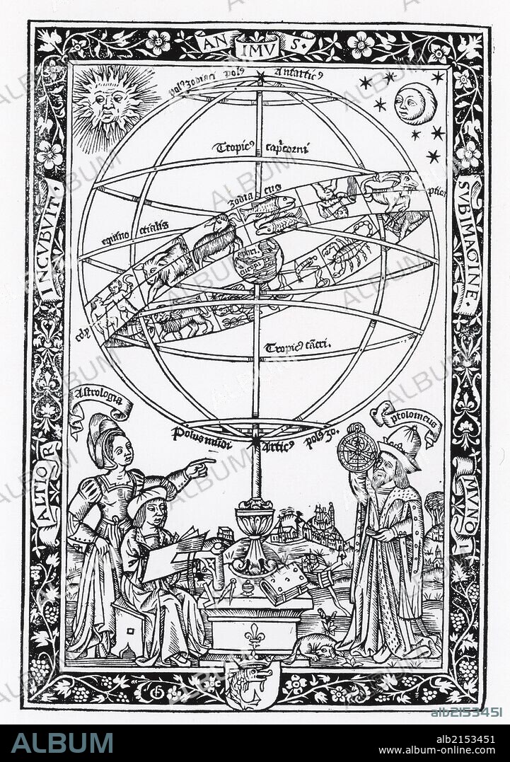 Urania, Muse of Astronomy, left, and Ptolemy using astrolabe, left. Woodcut 1521. (Photo by: Universal History Archive/UIG via Getty Images).