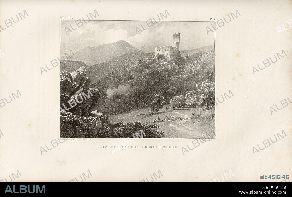 View of Spesburg Castle, Spesburg, Bas Rhin, Signed: Villeneuve d'après (...) Bichebois, Lith. De G. Engelmann, Pl. 9, to p. 36 (Part 2), Villeneuve, Jules-Louis-Frédéric; Bichebois, Alphonse; Engelmann, Godefroy (lith.), 1828, De Golbéry, J. G. Schweighäuser: Antiquités de l'Alsace ou châteaux, églises et autres monumens des départemens du Haut- et du Bas-Rhin. Mulhouse [etc.]: Engelmann, 1828.