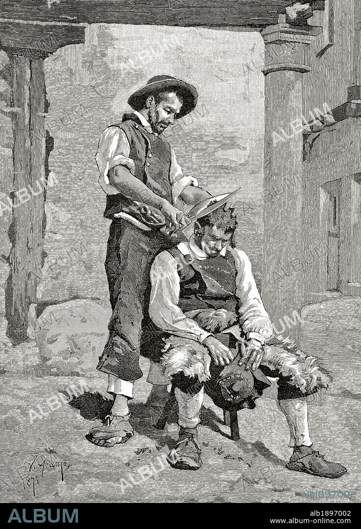 "EL BANCO DE LA PACIENCIA... ". Comarca de las Hurdes. Provincia de Cáceres. Extremadura. España. Grabado por Martín Rico. "La Ilustración Española y Americana", año 1880.