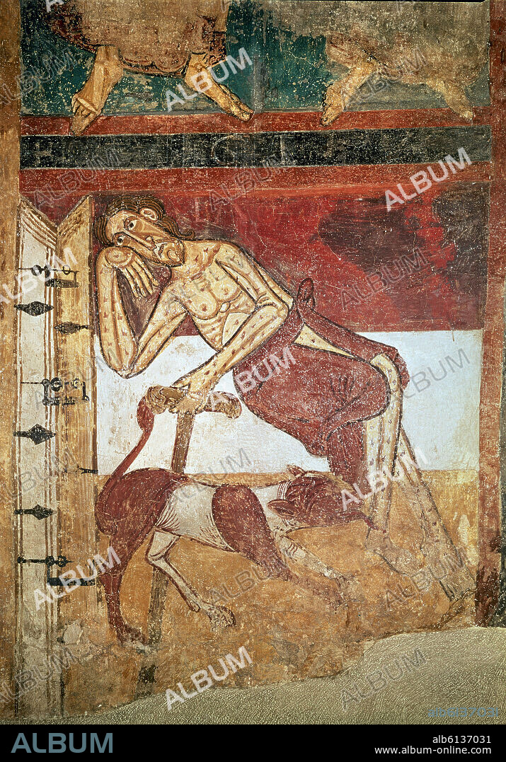 MAESTRO DE TAHULL (SIGLO XII). DET- LAZARO - PINTURA MURAL AL FRESCO DE SAN CLEMENTE DE TAHULL - SIGLO XII - PINTURA ROMANICA CATALANA.