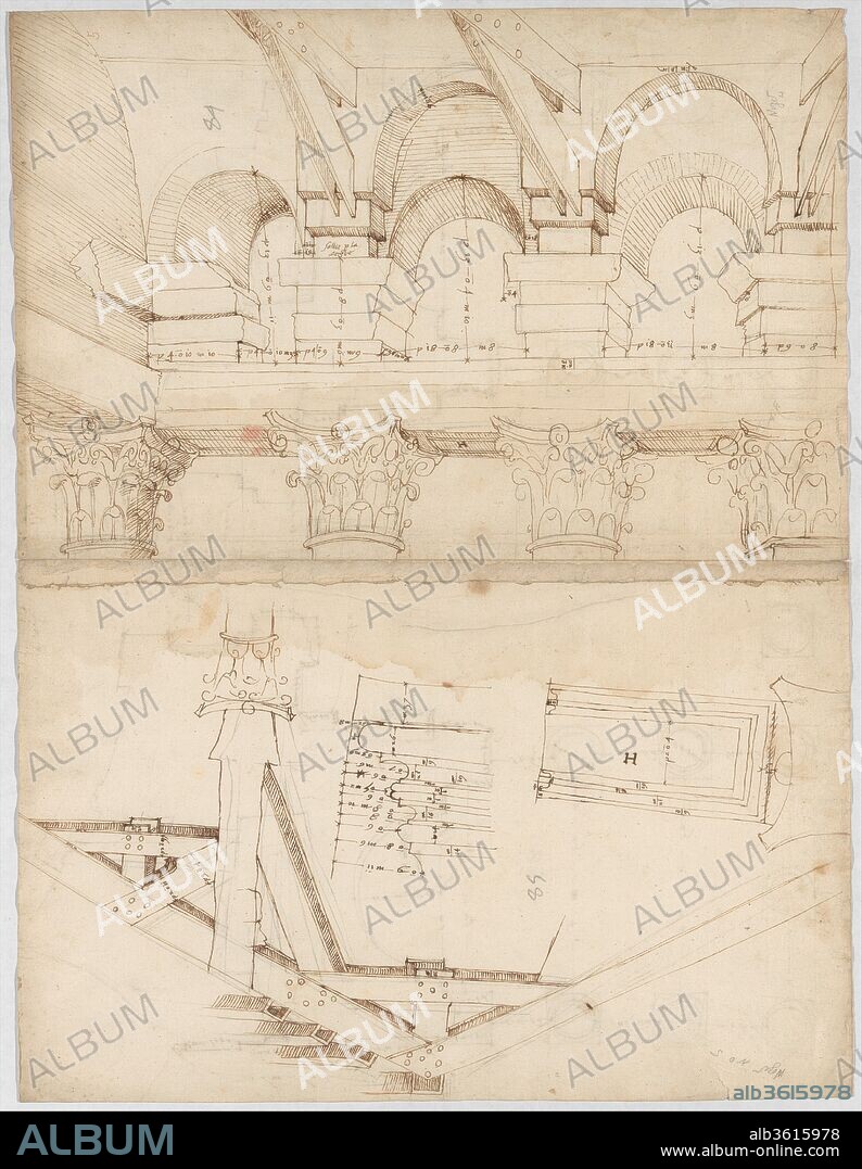 Pantheon, portico,  plan (recto) Pantheon, portico, details and perspective (verso). Dimensions: sheet: 23 1/4 x 17 5/16 in. (59 x 44 cm). Draftsman: Drawn by Anonymous, French, 16th century. Series/Portfolio: Goldschmidt Scrapbook. Date: early to mid-16th century.