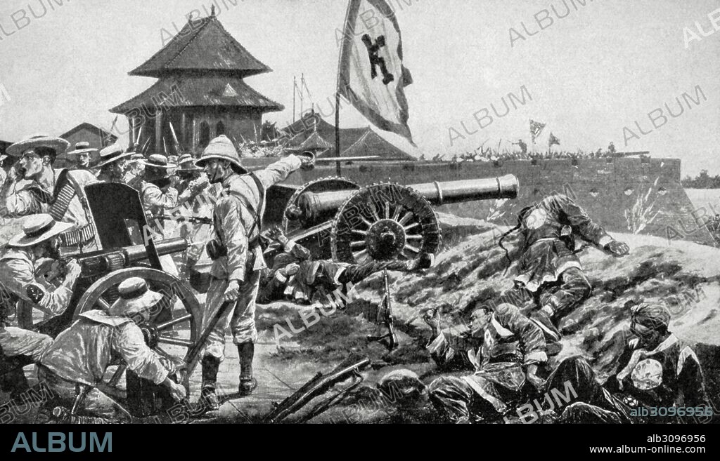 HISTORIA DE CHINA. Dinastía Manchú o Ching. GUERRA DE LOS BOXERS (1900-1901). Movimiento contra la influencia comerical, política y religiosa de las potencias extranjeras en China. Combate entre la coalición europea-japonesa y los nacionalistas chinos, 1900. Grabado.
