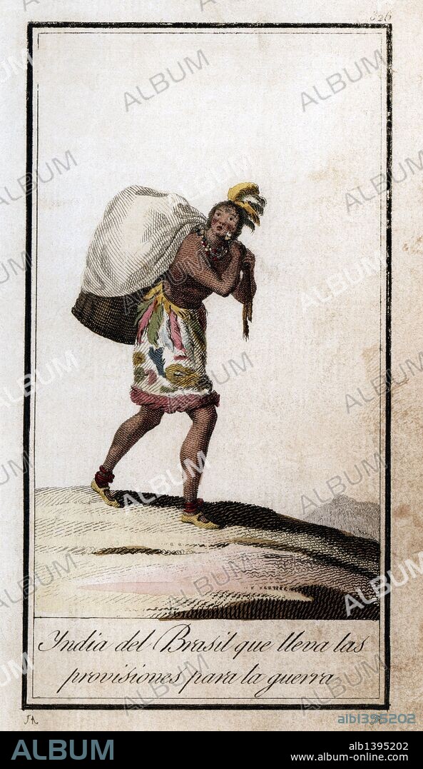 Mujer india del Brasil llevando provisiones para la guerra. Grabado en color de 1805.