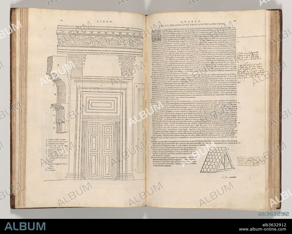 I dieci libri dell'architettura di M. Vitruvio tradutti et commentati da monsignor Barbaro eletto patriarca d'aquileggia. Author: Marcus Pollio Vitruvius (Roman, active late 1st century B.C.). Designer: Illustrations designed in part by Andrea Palladio (Italian, Padua 1508-1580 Vicenza). Dimensions: 14 13/16 x 11 1/8 x 1 1/4 in. (37.6 x 28.2 x 3.1 cm). Illustrator: Some illustrations attributed to Giuseppe Salviati (Giuseppe Porta, called Il Salviati) (Italian, Castelnuovo di Garfagnana ca. 1520-ca. 1575 Venice). Published in: Venice. Publisher: Francesco Marcolini da Forli (Italian, Forli ca. 1500-after 1559 Venice). Translator: Translation and commentary by Daniele Barbaro (Italian, 1514-1570). Date: 1556.
The ten books of architecture by Marcus Pollio Vitruvius are the only text devoted to the art of building that remained from Roman Antiquity. The text was a great resource for Renaissance artists and architects who wished to learn and apply the Antique principles for their modern constructions. Initially, the text was hard to access, however, as it was written in Latin and was unillustrated. During the fifteenth century the first vernacular translation appeared in Italy, and in 1511, Fra Giovanni Giocondo published the first illustrated edition of the text. Vitruvius' text became a point of reference for all subsequent architectural treatises and as such, the genre of Renaissance architecture publications is marked by a high level of inter-referentiality. This specific copy of Daniele Barbaro's translation of Vitruvius is a very special case, however, as the text was (partially) illustrated by the well-known architect Andrea Palladio, who later published his own architectural treatises, and the book was owned by his direct successor, the architect Vincenzo Scamozzi.