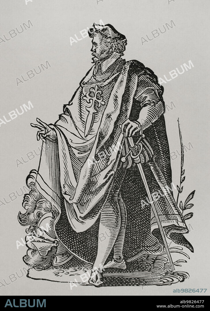 Caballero de la Orden de Santiago. Grabado del siglo XIX, facsímil de una ilustración en "Cleri totius Romanae Ecclesiae subiecti", por François Modius y Jost Amman. Frankfurt, 1585. "Vie Militaire et Religieuse au Moyen Age et à l'Epoque de la Renaissance". París, 1877.