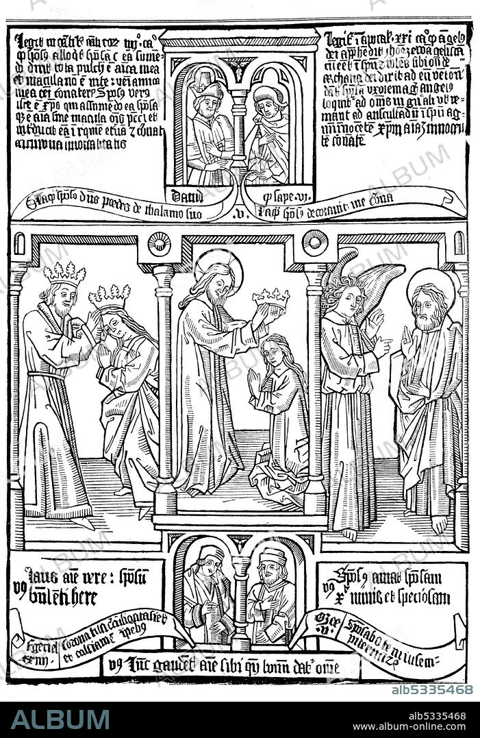 episodes from a block-book Biblia Pauperum illustrating typological correspondences between the Old and New Testaments  /  Ein Blatt der Armenbibel, Biblia Pauperum aus dem 15. Jahrhundert, , Historisch, historical, digital improved reproduction of an original from the 19th century / digitale Reproduktion einer Originalvorlage aus dem 19. Jahrhundert.