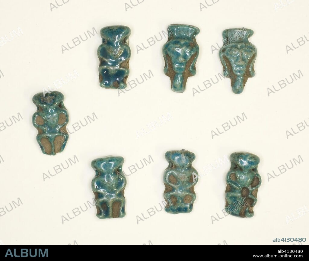 ANCIENT EGYPTIAN. Amulets of the God Bes and the Goddess Hathor. Egyptian. Date: 1550 BC-1295 BC. Dimensions: 1 × 0.6 × 0.2 cm (3/8 × 1/4 × 1/16 in.). Faience. Origin: Egypt.