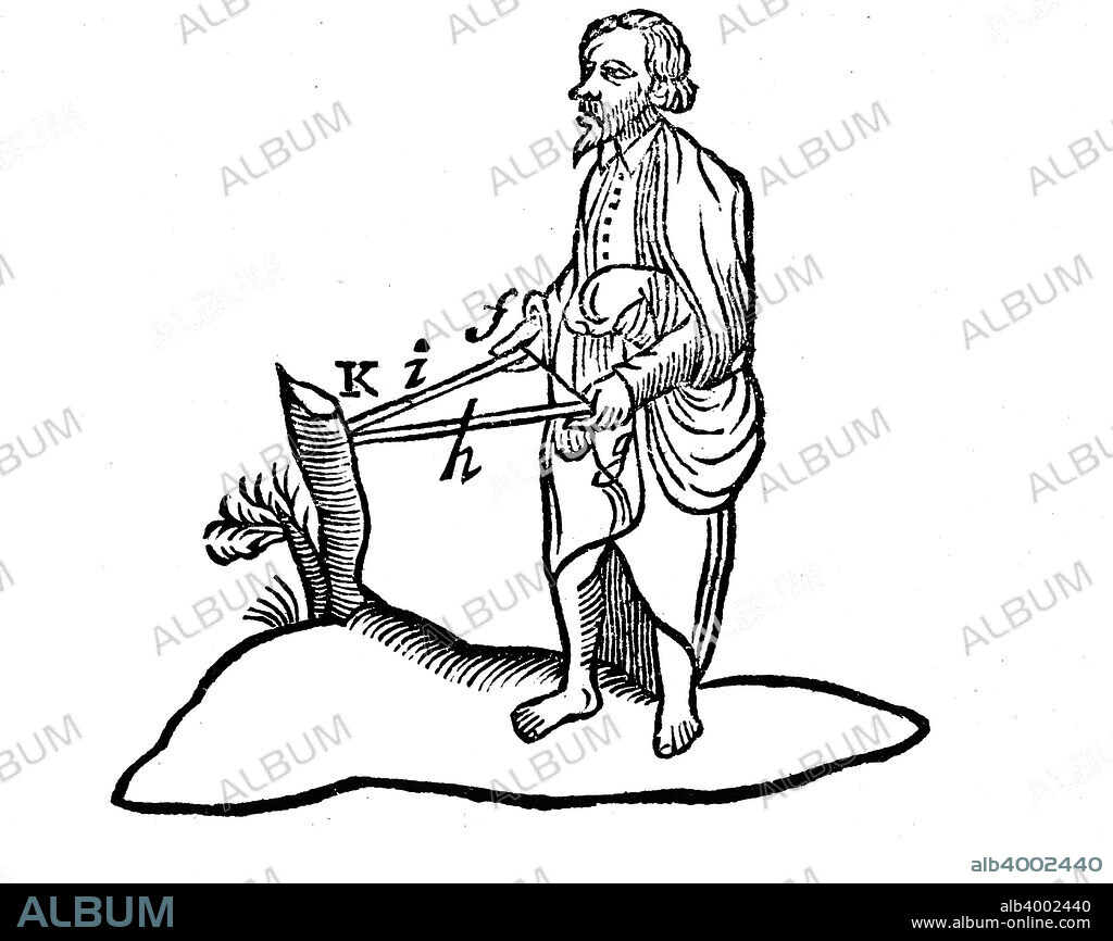 Descartes' (1596-1650) illustration of how the distance of an object is perceived with binocular vision, 1692. From Rene Descartes Opera Philosophica (Tractatus de Homine), 1692.
