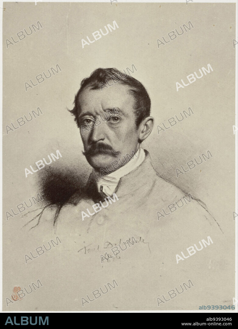 Photoreproduction of a signed portrait of Horace Vernet by Paul Delaroche, Portrait de M. Horace Vernet (title on object), Robert Jefferson Bingham (signed by artist), intermediary draughtsman: Paul Delaroche (mentioned on object), Paris, c. 1853 - in or before 1858, paper, albumen print, engraving, height 128 mm × width 97 mmheight 200 mm × width 153 mm.