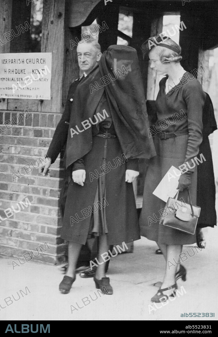 Duchess of Kent Attends Memorial Service For Her Dead Husband At Village Church -- The Duchess of Kent leaving after the Service at Iver.The Duchess of Kent attended the memorial service to her dead husband in the little village church at Iver, Bucks, near which the Duke and Duchess of Kent had their country home. August 30, 1942.