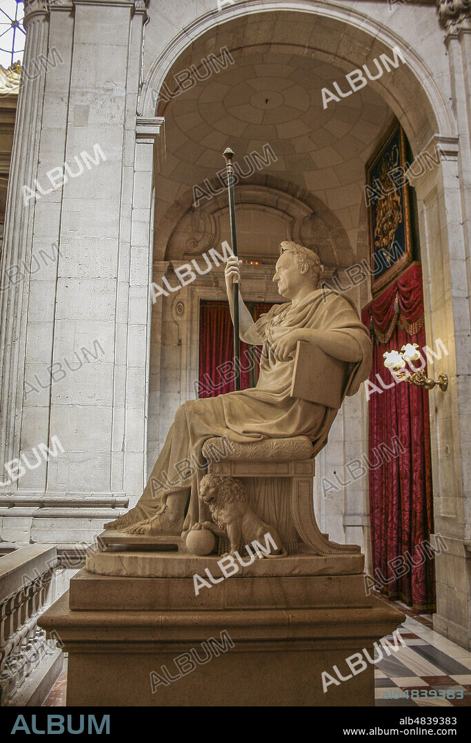 Madrid, Comunidad de Madrid, Spain, Europe.. The Royal Palace (Palcaio Real), Camón iis the name given to a balcony overlooking the Main Staircase, presided over by Charles IV as Roman Emperor (1817), by Ramon Barba.