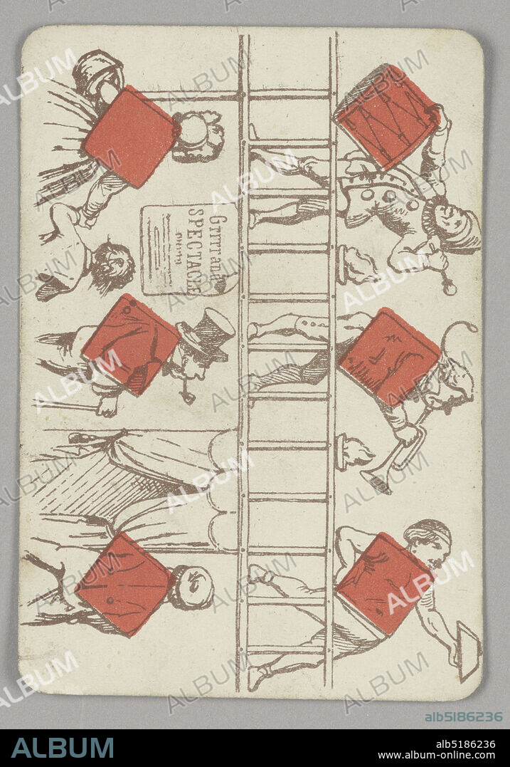 Six of Diamonds, E. Le Tellier, French, active late 19th century, B.P. Grimaud, Paris, France, Lithograph on paper, Six of diamonds playing card from a pack of transformation playing cards. Vertically, a figural scene depicted in outline. At left, a group of spectators viewed from behind, looking up at carnival-like performers on a level above. At right, musicians playing a drum and a trumpet. They are accompanied by a circus strong man. Red diamonds integrated into the scene., Paris, France, late 19th century, toys & games, Playing card, Playing card.