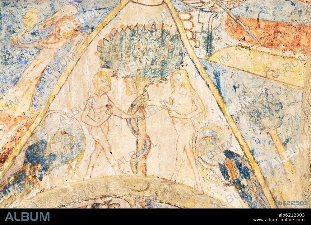 Romainmôtier (Gemeinde Romainmôtier-Envie, Kanton Waadt, Schweiz), Stiftskirche Saint-Pierreet-Sain-Paul (erb. 990-1030), Vorhalle (12.Jh).-Der Sündenfall.-Deckenmalerei im Gewölbe der Vorhalle, 14.Jahrhundert. Foto, 2007. Aus der Serie: Sites clunisiens.