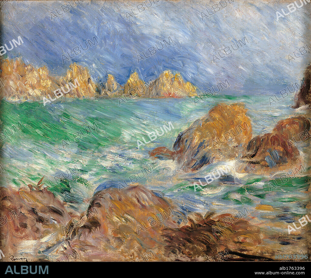 Marine, Guernsey, by Pierre-Auguste Renoir, 1883 about, 19th Century, oil on canvas, cm 46 x 56. France, Ile de France, Paris, Muse dOrsay, RF1973-22. All. Marine Guernsey rocks water stacks sky green azure light blue waves breaking brown.