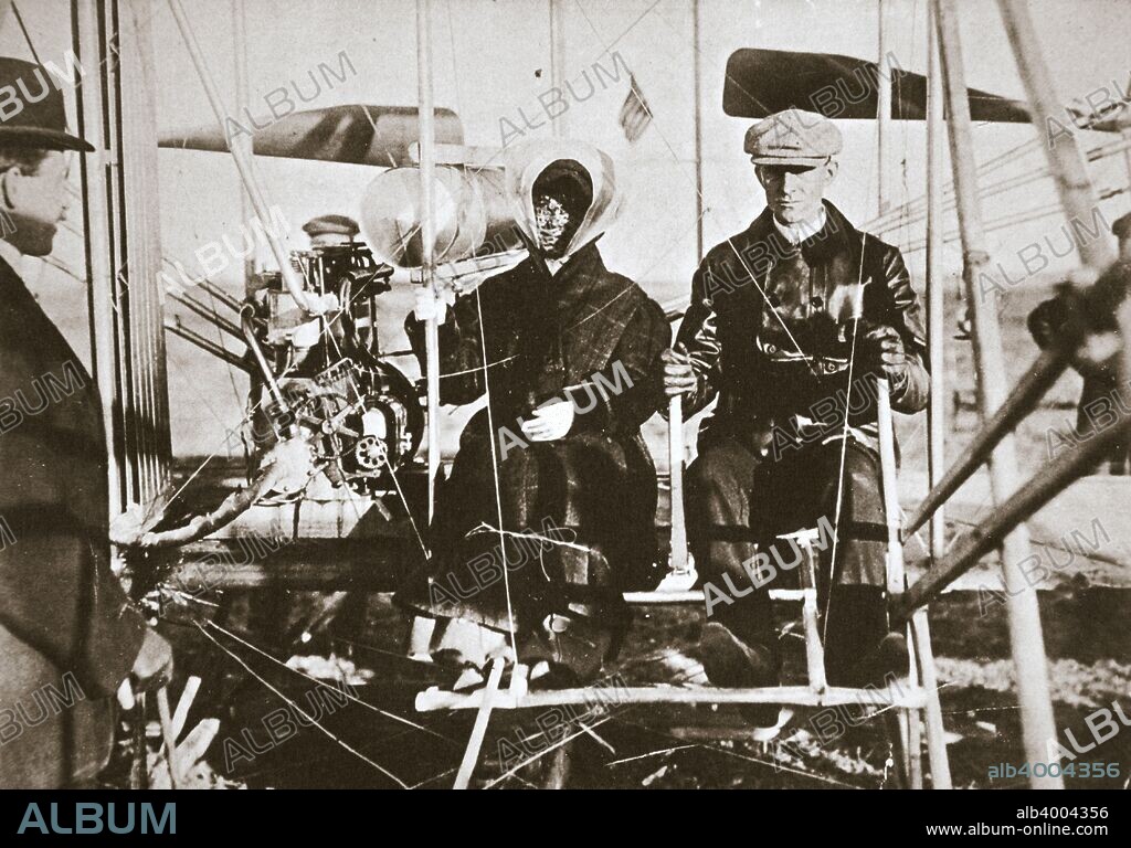 Wilbur Wright, American aviator and his sister, Katherine, 1909. Wilbur Wright (1867-1912) and his brother Orville (1871-1948), were American inventors of aircraft. They originally designed and built bicycles but changed their interest to flying, producing a controllable glider by 1902, and a year later the first aircraft, Flyer I. This was piloted by Orville on 17th December 1903 in the first powered and controlled aircraft flight. The Flyer III, built in 1905, was the first efficient plane and, by 1909, the American army had ordered a military version. On 15 February 1909 Katherine (1874-1929) became the first woman to fly in an aeroplane at Pau, in the South of France.