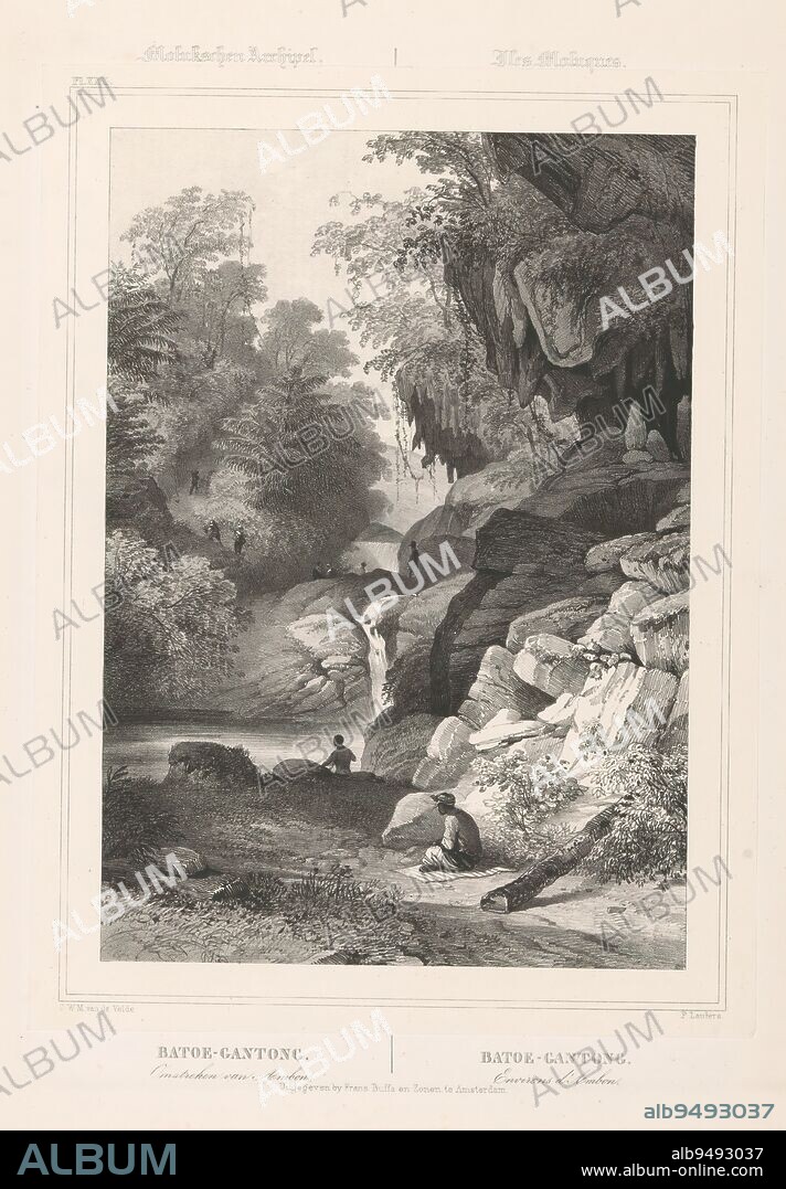 View of a rocky landscape with waterfall in Batu Gantung, Batoe-Gantong. Surroundings of Ambon (title on object), Molukschen Archipelago (series title on object), Gezigten uit Neêrlands Indië (series title on object), In the foreground is a man sitting on a rug. Another man is washing in the river. Between the rocks figures are walking and climbing. Numbered top left: Pl. XXX. The print is part of an eleven-page cover., print maker: Paulus Lauters, (mentioned on object), after design by: Charles William Meredith van de Velde, (mentioned on object), printer: Frans Buffa en Zonen, (mentioned on object), print maker: Brussels, after design by: Indonesia, printer: Amsterdam, 1843 - 1845, paper, height 340 mm × width 510 mm.