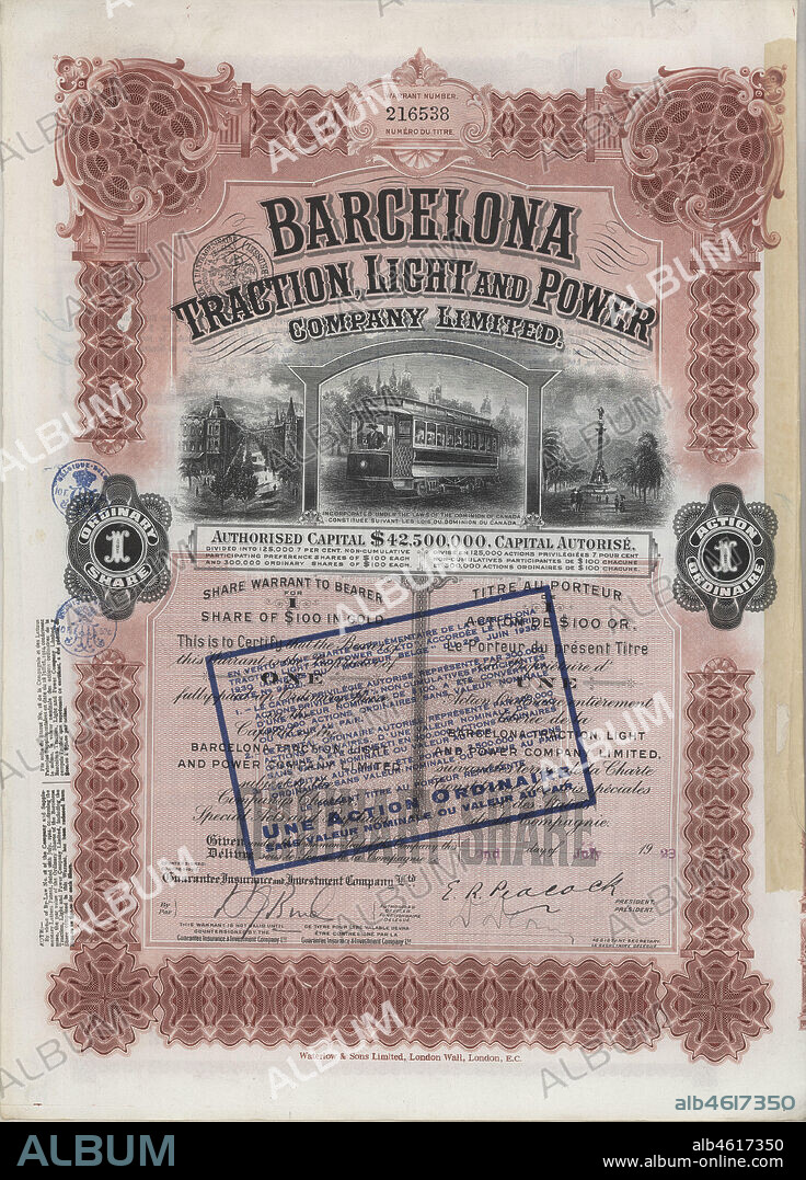 Acción al portador de $100 oro emitida por Barcelona Traction, Light and Power Company Limited. Julio de 1923.