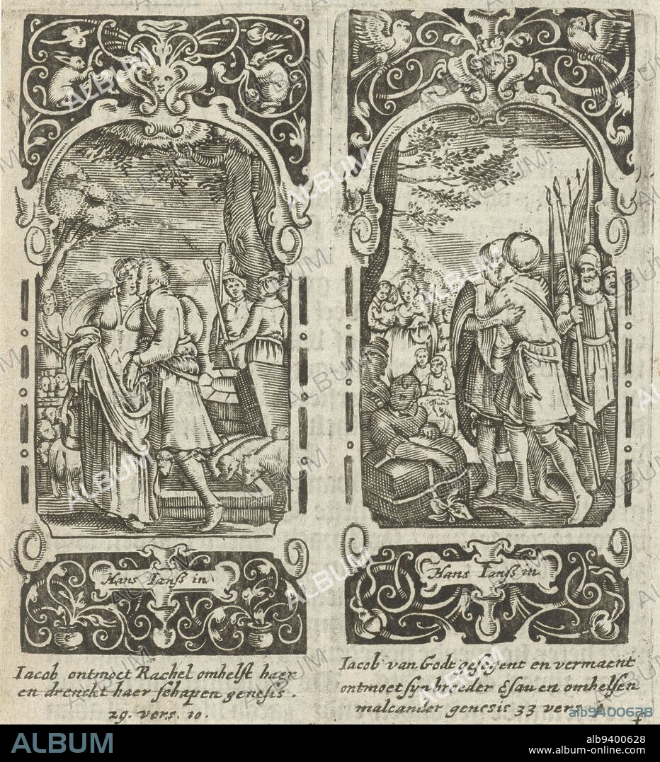 Two prints on one sheet in ornamental frame. On the left Jacob kissing and embracing Rachel. Rachel's sheep drinking from a well (Gen. 29-10). On the right, Esau embracing Jacob. In the background are Leah and Rachel with their children and Esau's soldiers (Gen. 33-4). In the margins caption in Dutch. Fifth and sixth prints (e and f) of a series of six depicting scenes from the life of Jacob, Jacob kisses Rachel / Esau embraces Jacob Scenes from the life of Jacob (series title), Hans Janssen, (mentioned on object), print maker: anonymous, Amsterdam, 1615 - 1651, paper, engraving, h 91 mm × w 40 mm × h 90 mm × w 40 mm.