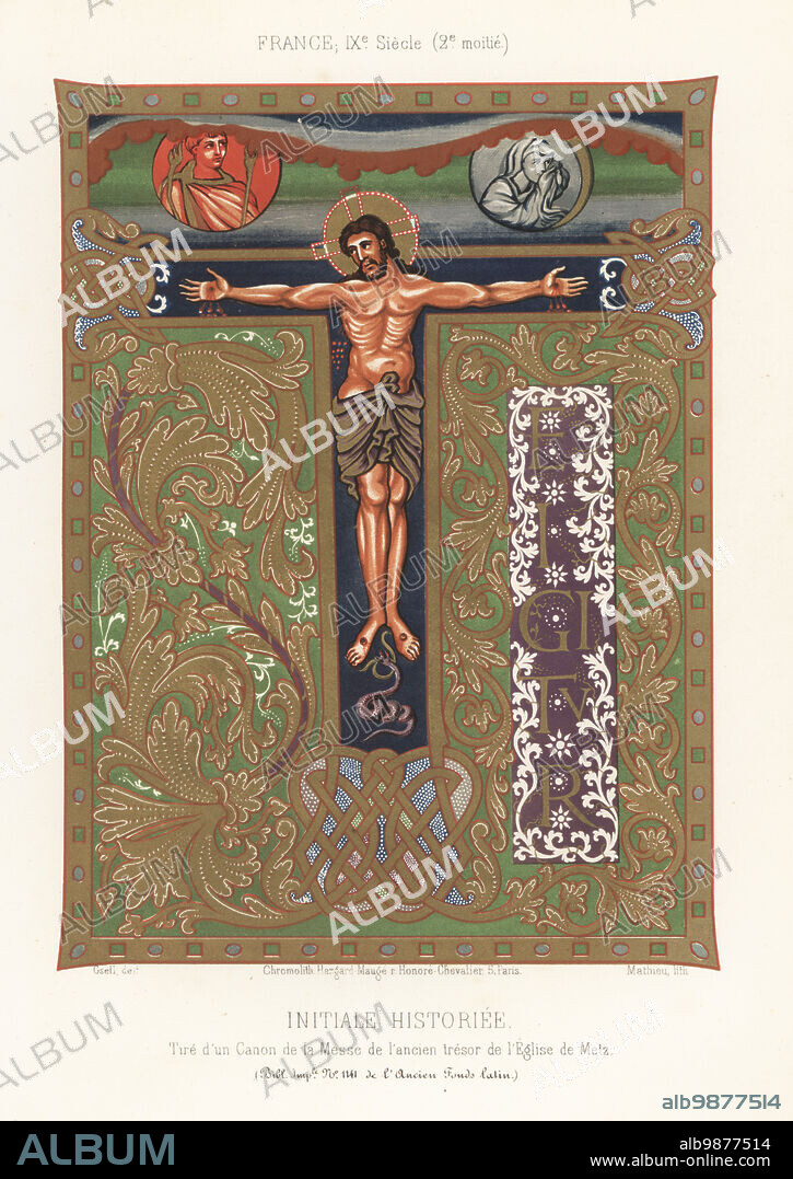 Illuminated letter T representing the Crucifixion of Jesus Christ, 9th century, France. Medallions of the Sun and the Moon above. Gold letters on purple framed with white arabesques. Initiale Historiee. Taken from the Sacramentaire de Charles le Chauve, Latin MS 1141, F6v. Chromolithograph by Mathieu after an illustration by Gsell from Charles Louandres Les Arts Somptuaires, The Sumptuary Arts, Hangard-Mauge, Paris, 1858.