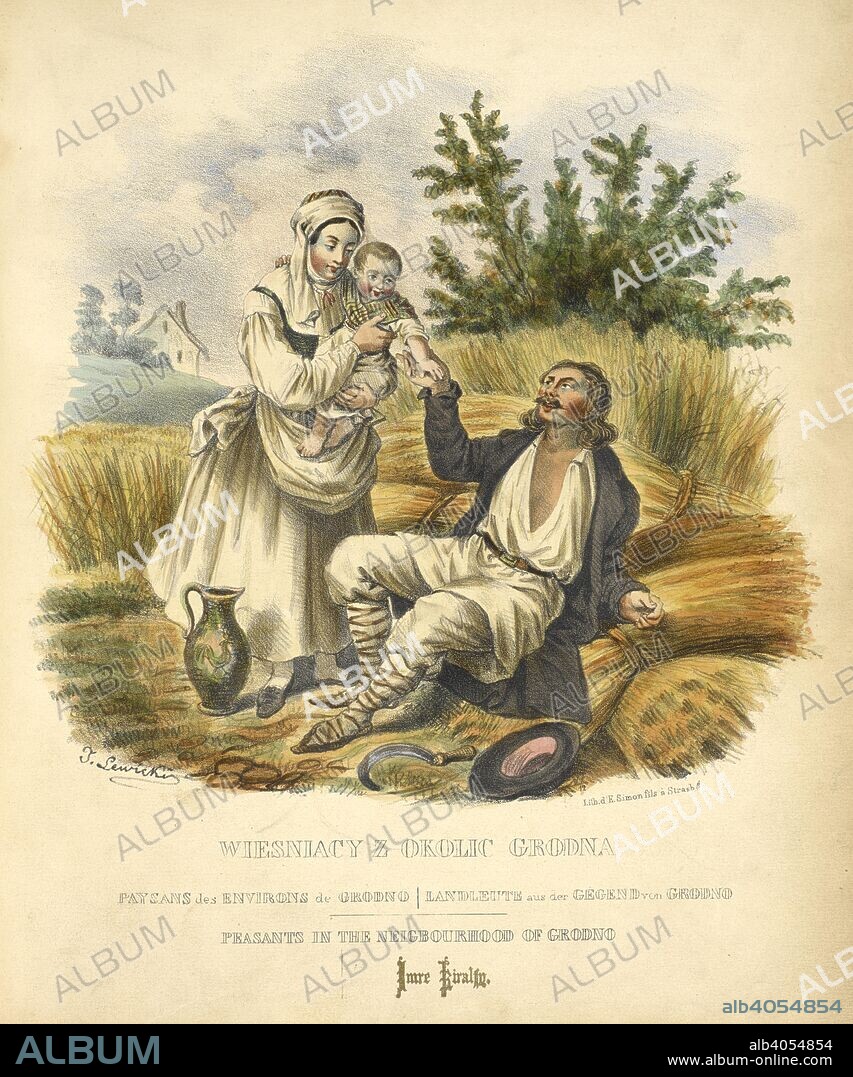 LEON ZIENKOWICZ and J LEWICKI. (Lithuanian) peasants in the neighbourhood of Grodno. A woman holding a baby. A farmer sitting on the ground. Les Costumes du peuple polonais, suivis d'une description exacte de ses mÅ“urs, de ses usages et de ses habitudes: Ouvrage pittoresque. Paris, 1841. Source: 7744.dd.5 plate 22 after page 54.