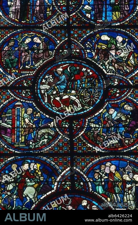 Chartres (Dép.Eureet-Loir, Frankreich), Kathedrale / Cathédrale Notre-Dame, Glasfenster, Fenster des Hl.Leobinus von Chartres. /-Ausschnitt: 1. bis 3.Register; im Mittelmedaillon Fuhrmann mit Weinfass; in den äußeren Medaillons Leben des Hl.Leobinus.-Glasmalerei, französisch, um 1245/50, gestiftet von den Weinbauern.