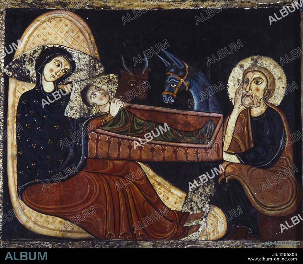 El buey y la mula, detalle del frontal del altar de Santa Maria de Avià, hacia 1200.