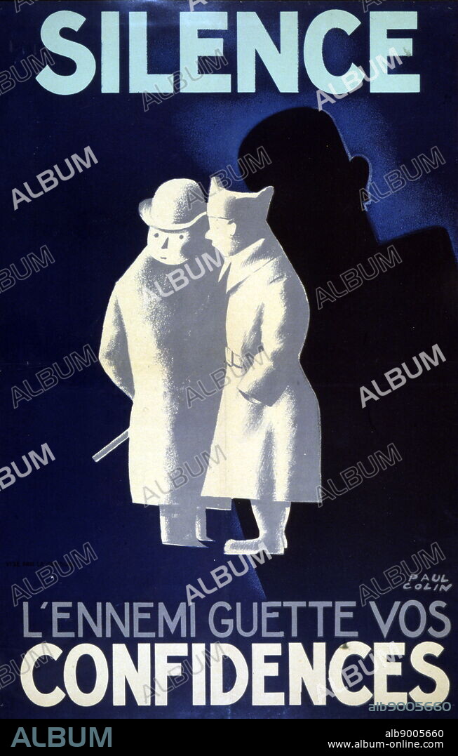 PAUL COLIN. French World War two propaganda poster urging French citizens to maintain 'Silence' so as not to let the enemy overhear secrets 1942.