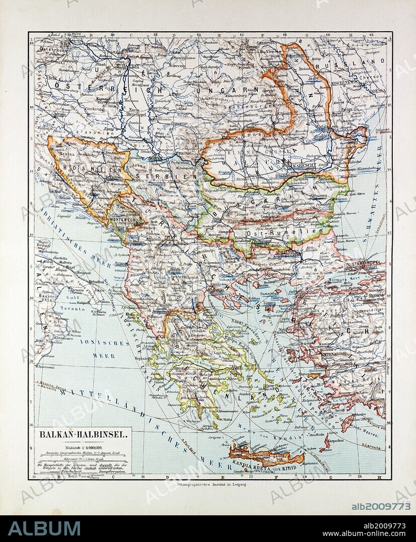 MAP OF AUSTRIA-HUNGARY, GREECE, SERBIA, BOSNIA AND HERZEGOVINA, ROMANIA, BULGARIA, MACEDONIA, MONTENEGRO AND CRETE, ALBANIA, BULGARIA, 1899.