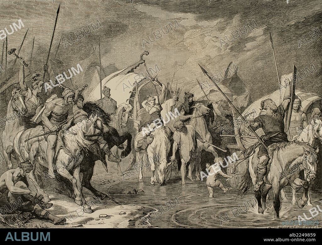 ADOLF CLOSS. LUIS II "el Germánico" (825-875). Emperador carolingio (855-875), hijo primogénito de Lotario I. "EMIGRACION DE LOS GERMANOS". Grabado por A. Closs, año 1882. "Germania".