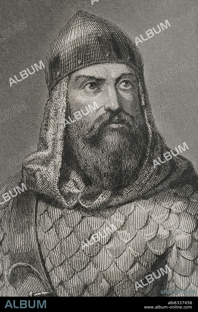CHARLES GEOFFROY (1819-1882). FRENCH ENGRAVER.. Rodrigo Díaz de Vivar, known as El Cid Campeador (ca. 1043-1099). Castilian nobleman, knighted by the infante Sancho. He took part in the battles of Llantada and Golpejera against Alfonso VI, and the Siege of Zamora. Portrait. Engraving by Geoffroy. Detail. "Historia Universal", by César Cantú. Volume III, 1855.