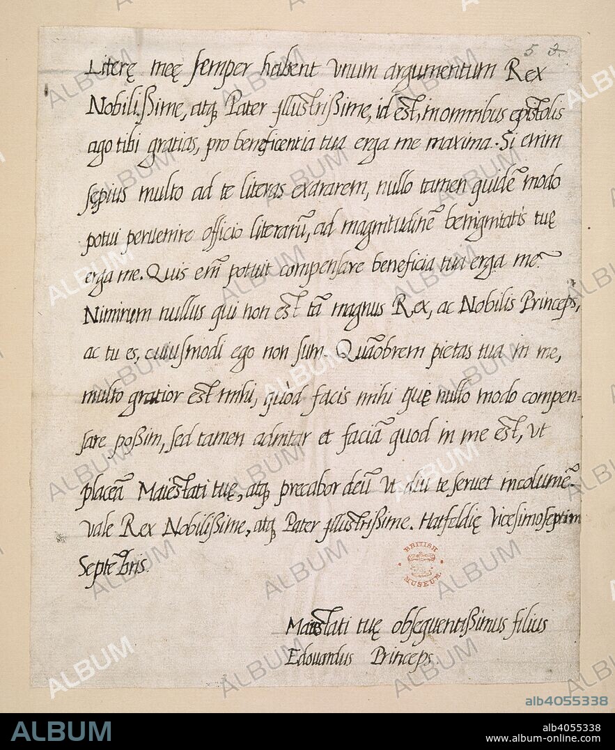 Letter from Prince Edward to Henry VIII, Hatfield, 27 September 1546 . Correspondence relating to Prince Edward of England (the future King Edward VI). 1537-1553. Source: Cotton Nero C. X, f.5.