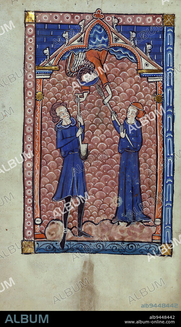 Carrow Psalter, Angel hands spade to Adam and spindle to Eve, This English manuscript was made in East Anglia in the mid-thirteenth-century for a patron with special veneration for St. Olaf, whose life and martyrdom is prominently portrayed in the 'Beatus' initial of Psalm 1. Known as the 'Carrow Psalter,' due to its later use by the nunnery of Carrow near Norwich, it is more accurately described as a Psalter-hours, as it contains the Office of the Dead, the Hours of the Virgin, and Collects. The manuscript is striking for its rich variety of illuminations, including full-page cycles of saints, martyrs, and Biblical scenes, as well as historiated initials within the Psalter, and heraldry added in the fifteenth-century to undecorated initials in the Hours of the Virgin. Especially notable is the miniature portraying the martyrdom of St. Thomas Becket, for after Henry VIII found him guilty of treason in 1538, his image was concealed by gluing a page over it, rather than destroying it, and it has since been rediscovered.