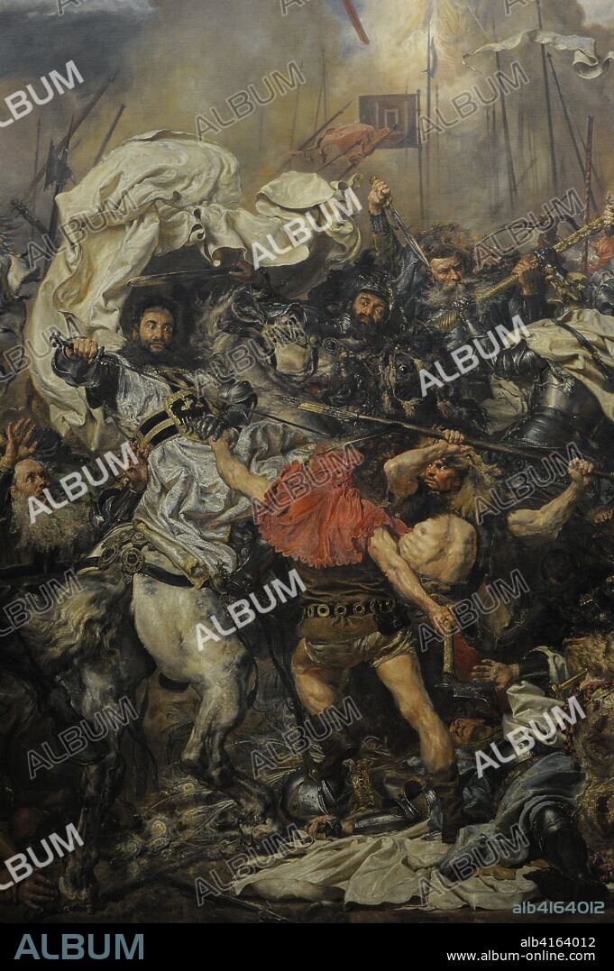 Polish-Lithuanian-Teutonic War (1409-1411). Conflict between Kingdom of Poland and Grand Duchy of Lithuania against the Teutonic Knights. Painting depicting the Battle of Grunwald (Tannenberg) (15 July, 1410), 1878, by Jan Matejko (1838-1893). Detail with depiction of Ulrich von Jungingen (1360-1410), Grand Master of the Teutonic Knights. National Museum. Warsaw. Poland.