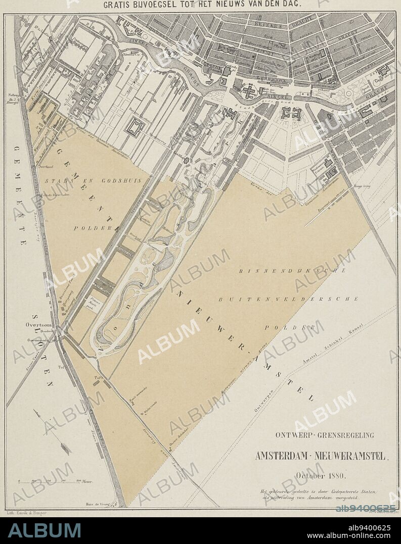 The map shows part of Amsterdam, including the Vondelpark, the Leidseplein and part of the Singelgracht. Bottom right: the coloured section has been proposed by the Gedeputeerde Staten as an extension of Amsterdam. The design appeared as an appendix to the Nieuws van den Dag in October 1880, Draft border regulation Amsterdam-Nieuweramstel., print maker: Albertus Barend Hendrik Braakensiek, (mentioned on object), printer: Emrik & Binger, (mentioned on object), print maker: Amsterdam, printer: Haarlem, 1851 - 1884, paper, h 405 mm × w 265 mm.
