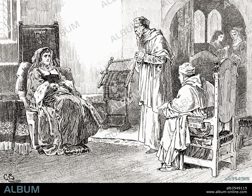 A scene from William Shakespeare's play King Henry VIII. Act III, scene 1. Queen Katherine: "Do what ye will, my lords and pray forgive me, if I have us'd myself unmannerly." Illustration by Gordon Browne. From The Works of William Shakespeare, published 1896.