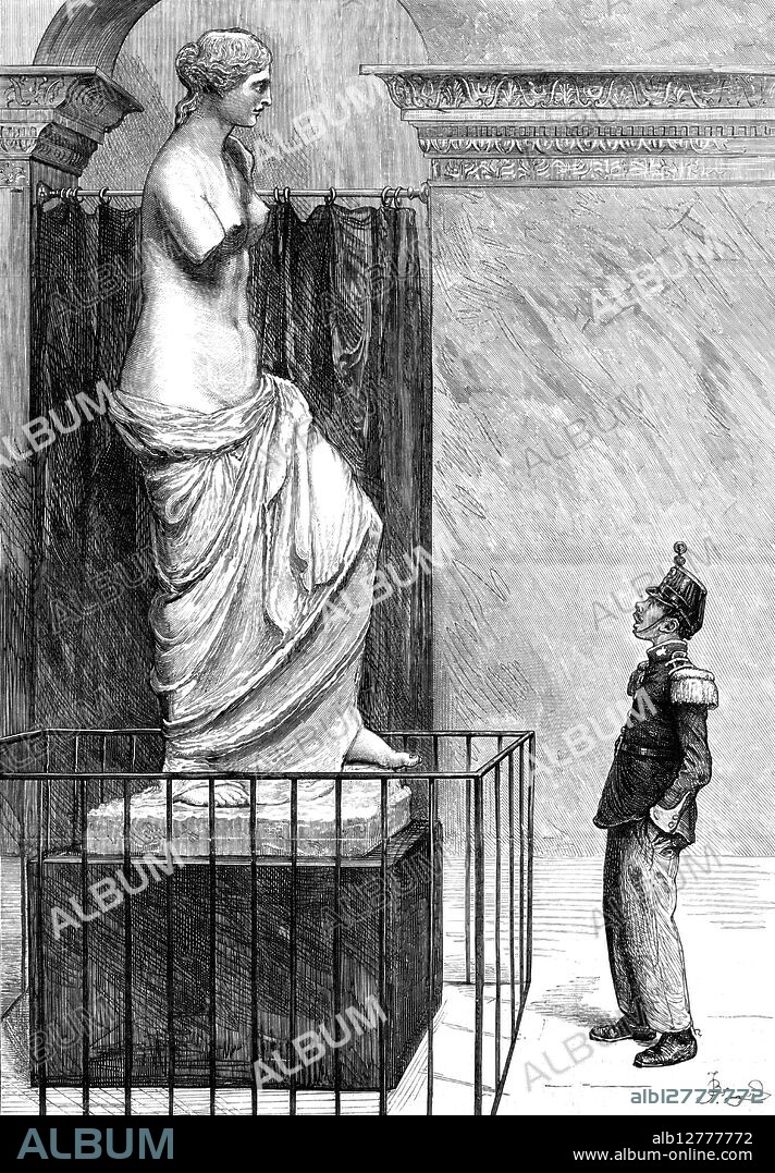 Venus and Mars at the Louvre Gallery, Paris, 1880. '...a statue of Venus the Victorious, by some unknown sculptor, which we consider to have been the noblest female figure that ever an artist created...was brought to Italy at some period, and is now to be seen in the Galleries of the Louvre at Paris. You may...pass down stairs to the ancient sculpture gallery, at the end of which, in the left-hand corner, stands this marble beauty, a joy for ever to pure and refined taste. They call her the Venus de Milo...By the way, let us not be too certain whether it was by the Romans of the Empire or by the later Italians that this statue was removed from its original place. If we knew the barbarian who had the cruelty to break her arms we would expose him to eternal infamy; but perhaps it was done by accident, in the fall of a temple. At any rate, here is the modern Gallic impersonation of Mars, a queer little French soldier of the Ligne, staring at her colossal form in a ludicrous attitude of wonder. Times are greatly changed with the Olympian divinities since Homer chanted his glorious epic tale of Troy and its superhuman friends and foes. Poetry and the fine arts still keep alive the memory of those dethroned idols of the human imagination'. From "Illustrated London News", 1880.