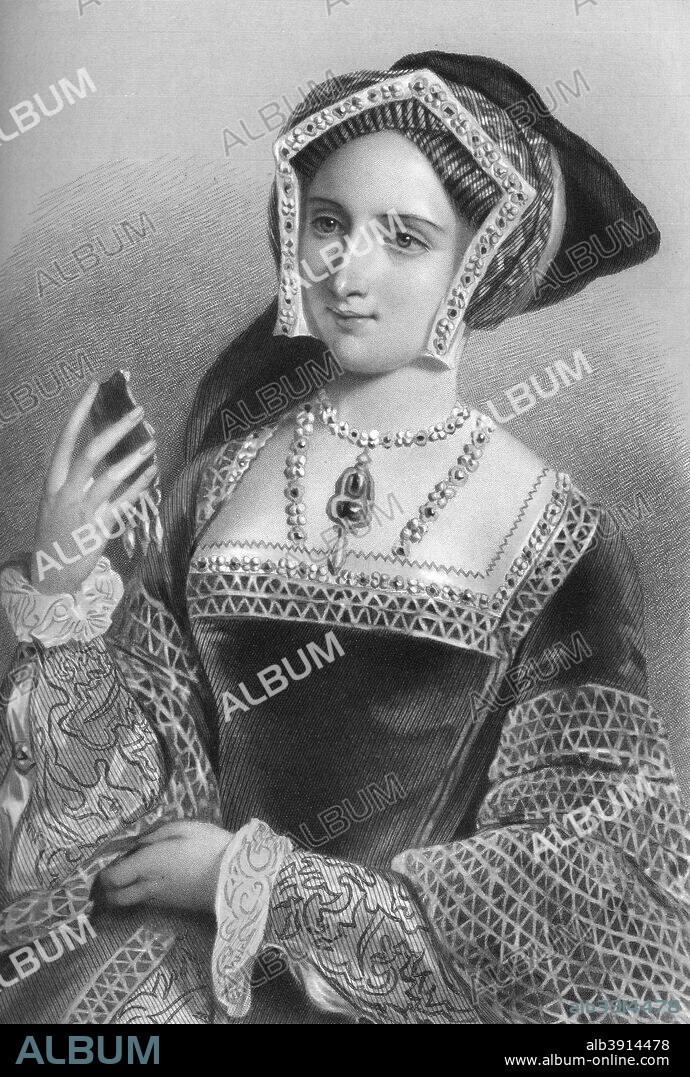 Jane Seymour (1509-1537), the third wife of King Henry VIII, 1851. From Biographical Sketches of the Queens of Great Britain, from the Norman Conquest to the Reign of Victoria, or Royal Book of Beauty, edited by Mary Howitt, Henry G Bohn, London, 1851.