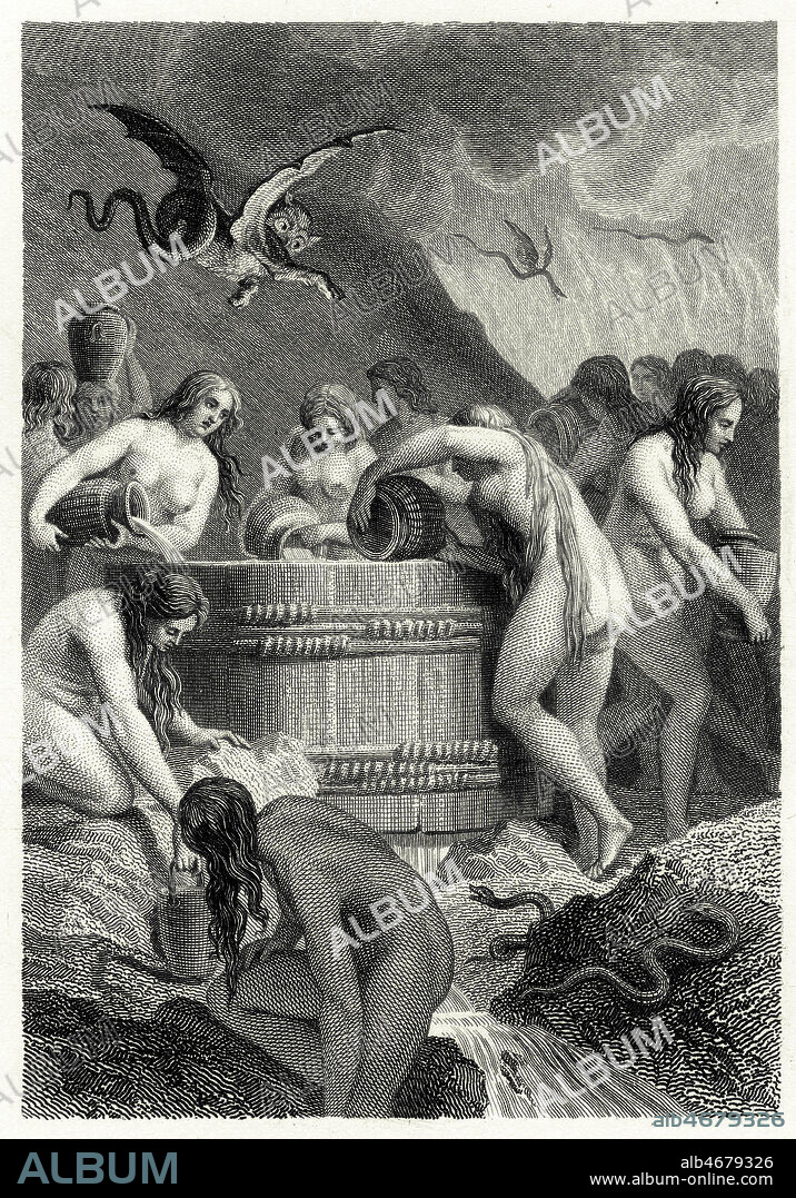 ' Les DANAIDES' Les 50 filles de DANAUS le roi d'Argos sont condamnees a remplir un tonneau sans fond, aux Enfers. Gravure de MOREAU le jeune (1741-1814) in Lettres a Emilie ( 1ere edition 1786) sur la Mythologie par Charles-Albert DEMOUSTIER (1760-1801), Editions Furne et Cie, 1860. Credit Collection Kharbine Tapabor.